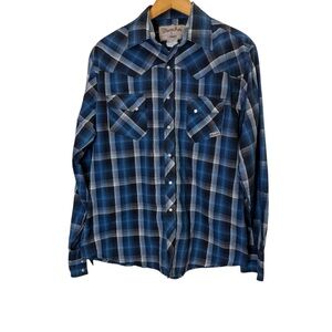 Men’s Wrangler Wrancher Blue and White Casual Plaid Button Down Shirt sz L